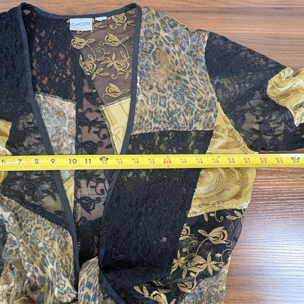 Chicos Patchwork Lace Leopard Paisley Tie Front Kimono Top Sheer Gold Black M - Picture 7 of 9